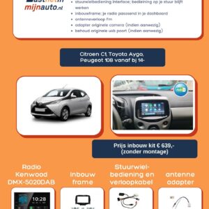 Inbouwpakket Citroen C1, Toyota Aygo, Peugeot 108 14- pianozw met DAB+
