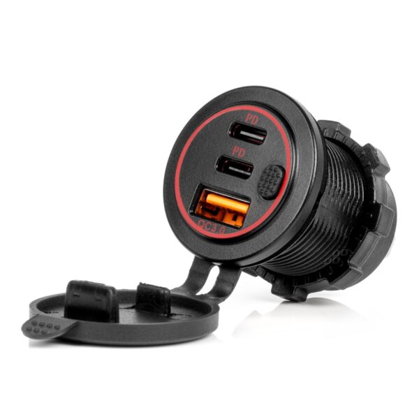 Autolader met aan-uit schakelaar, rode LED-achtergrondverlichting, USB + 2xUSB C QC3.0 12/24V