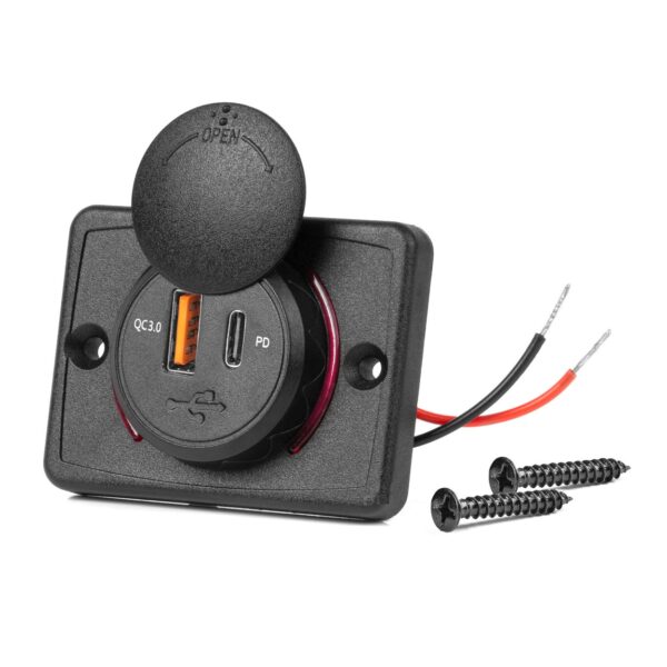 Vierkante waterdichte lader met rode LED-achtergrondverlichting, USB + USB C QC3.0, 12/24V (64x48mm)