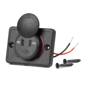 Vierkante waterdichte lader met rode LED-achtergrondverlichting, 2x USB C, 12/24V (64x48mm)