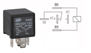 5 polig relais 1A bedrading standaard coll 12V, 40/30A, 1,6W 26,5x26,5x24,5