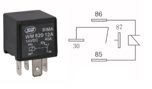 4 polig relais 1a bedrading standaard spoel 12v, 40a, 1,6w 26,5x26,5x24,5 in blister