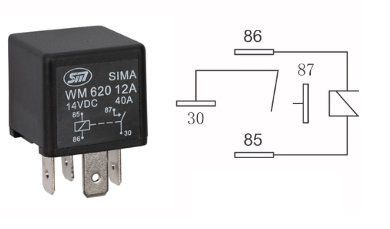 4 polig relais 1a bedrading standaard spoel 12v, 40a, 1,6w 26,5x26,5x24,5 in blister