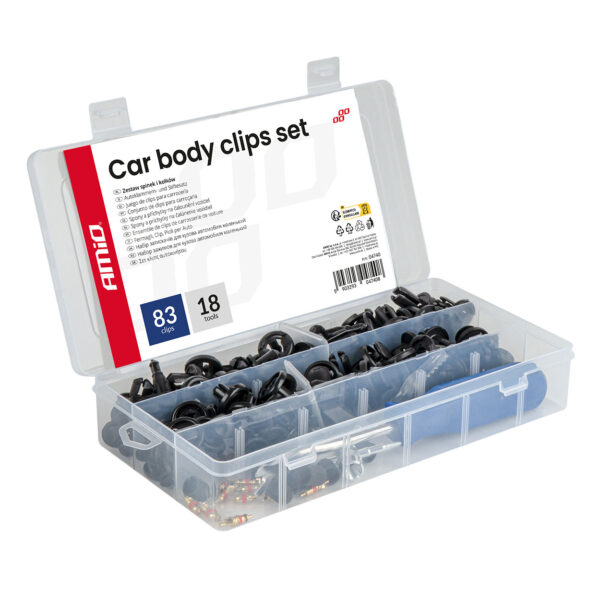 Set met 83stuks Automotive clips en bevestigingspinnen en gereedschap