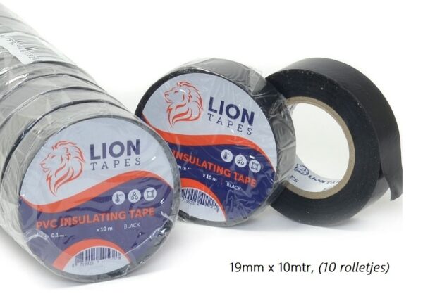 Lionbrand isolatietape 19mm x 10 meter zwart, 10 rolletjes, (150% oprekbaar!!)